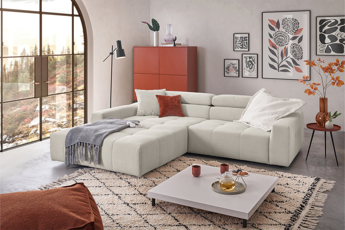 KAWOLA Sofa RENO Ecksofa Feincord silber, Links, Ohne Komfortfunktion