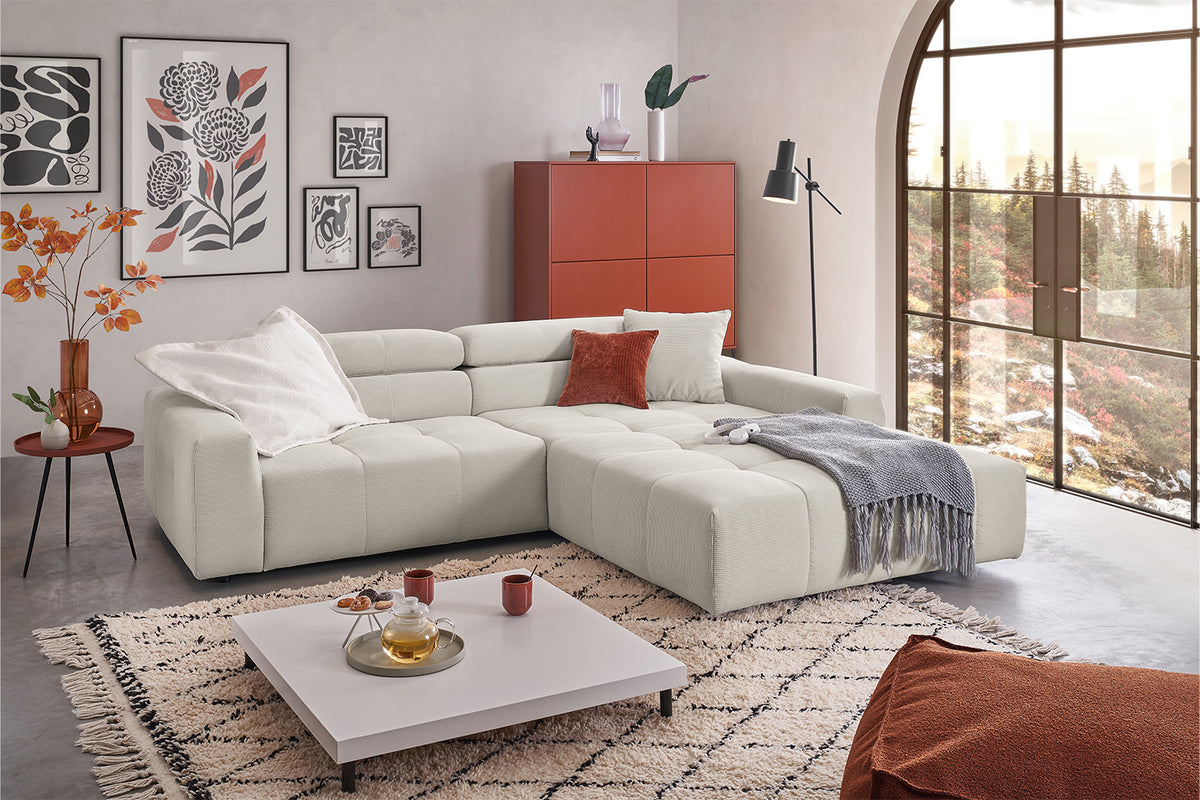 KAWOLA Sofa RENO Ecksofa Feincord silber, Rechts, Ohne Komfortfunktion