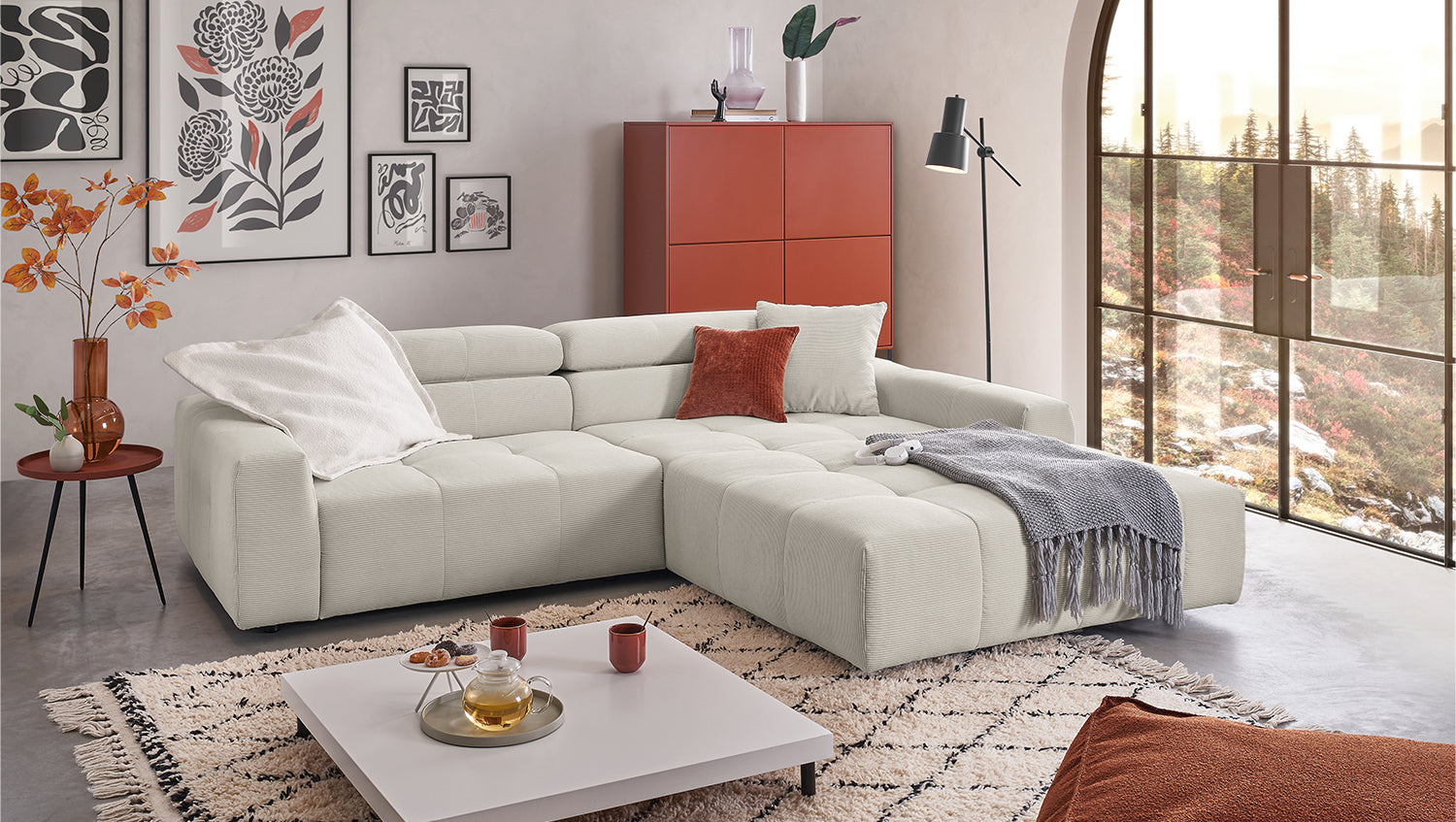 KAWOLA Sofa RENO Ecksofa Feincord silber, Rechts, Relaxfunktion