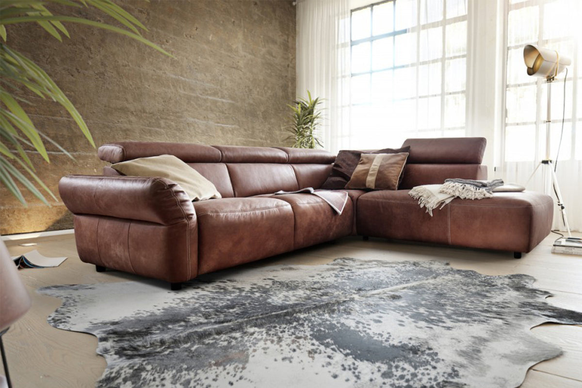 KAWOLA Sofa RISO Ecksofa mit motorischer Sitztiefenverstellung Leder braun, Rechts