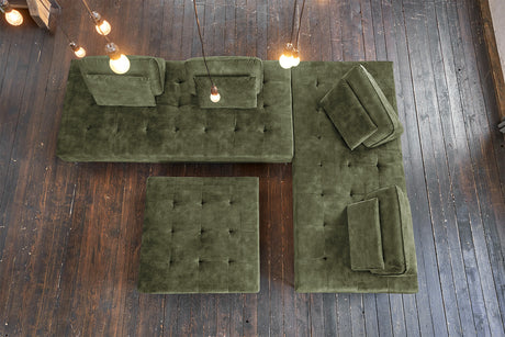 KAWOLA Sofa WIOLO Ecksofa velvet mit Hocker moosgrün