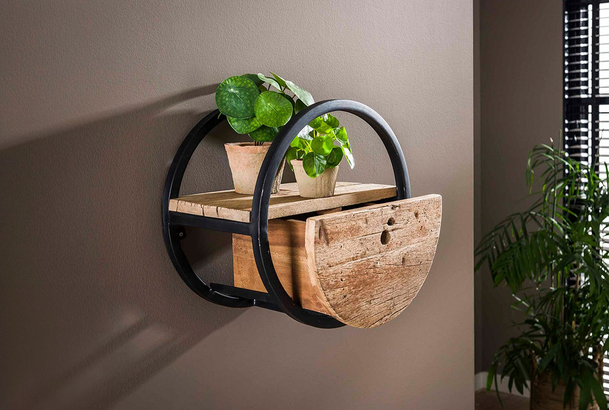 KAWOLA Wandregal RADEL Ø40 rund Hartholz natur mit Schublade