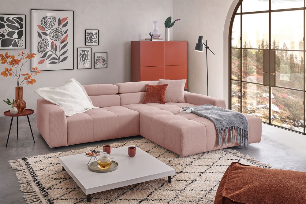 KAWOLA Sofá RENO Sofá esquinero pana fina rosa
