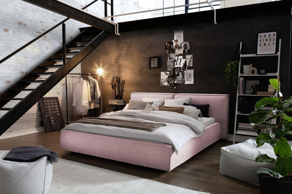 KAWOLA cama CARLO cama tapizada tela rosa