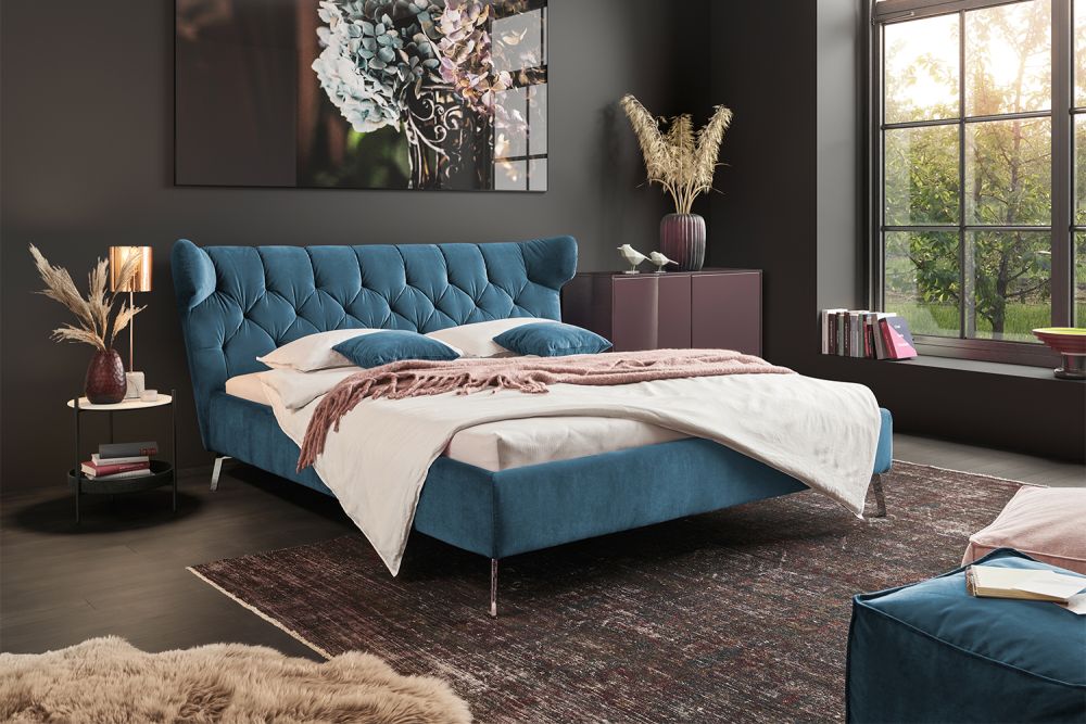 Cama KAWOLA Cama tapizada CHARME Terciopelo petróleo