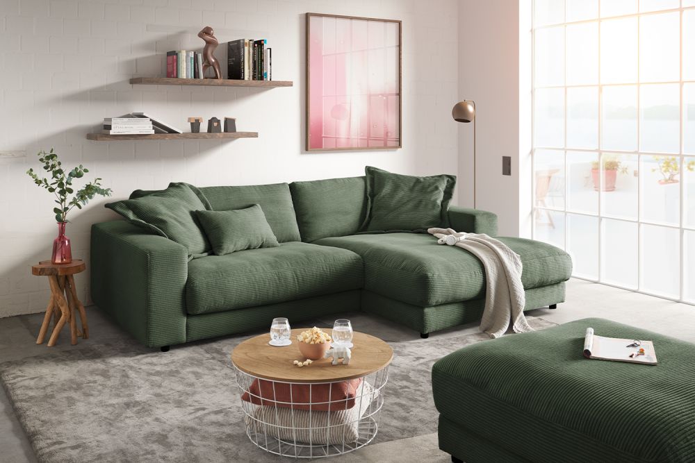 KAWOLA Sofá MADELINE Sofá esquinero con Chaise longue pana verde oliva