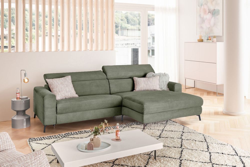 KAWOLA Sofá de esquina LAISKA función relax semi-motorizado pana verde oliva