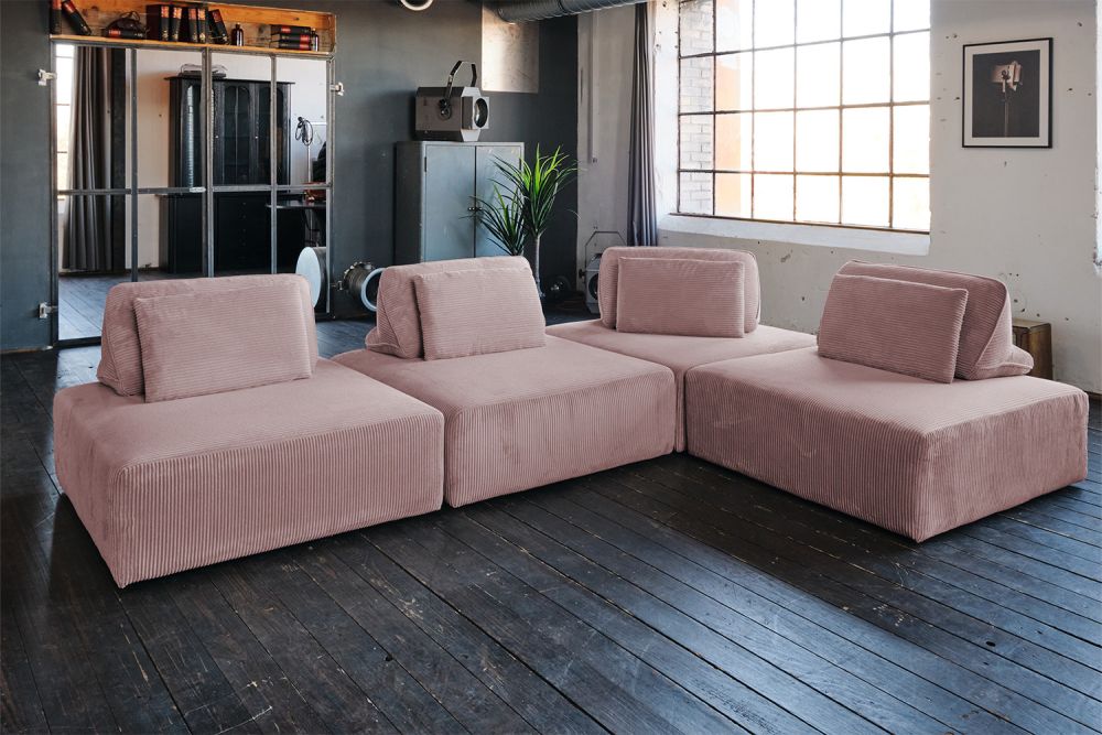 KAWOLA sofá modular WIOLO SOFT 4 módulos 4 cojines de respaldo rosa pana