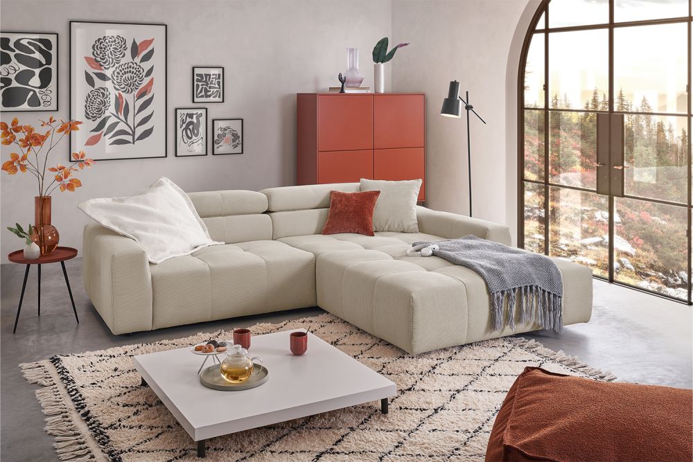 KAWOLA Sofá RENO Sofá esquinero pana fina beige