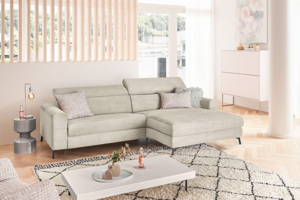 KAWOLA Sofá de esquina LAISKA función relax semi-motorizado pana crema blanco