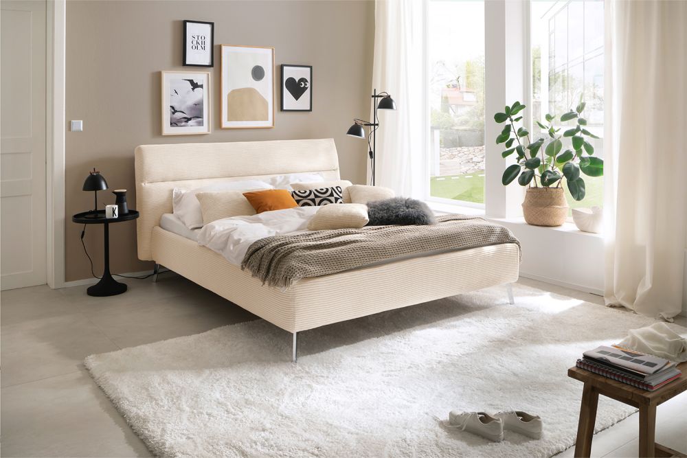 KAWOLA cama REMO cama tapizada pana crema blanco