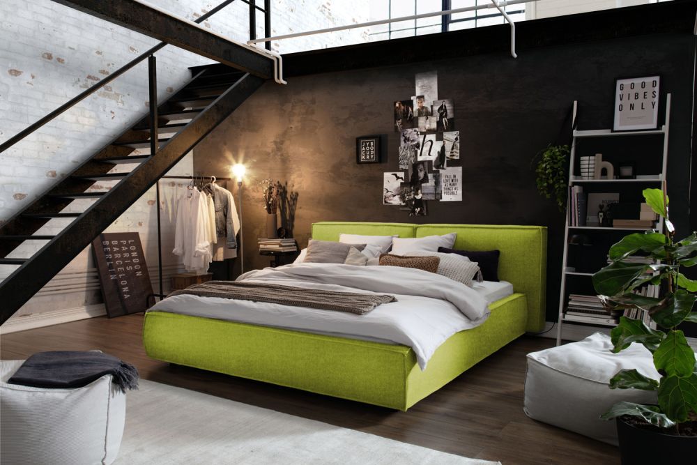 KAWOLA cama tapizada CARLO tela verde claro