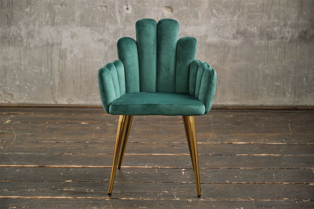 Silla KAWOLA Silla de comedor FREJA Terciopelo verde pié dorado