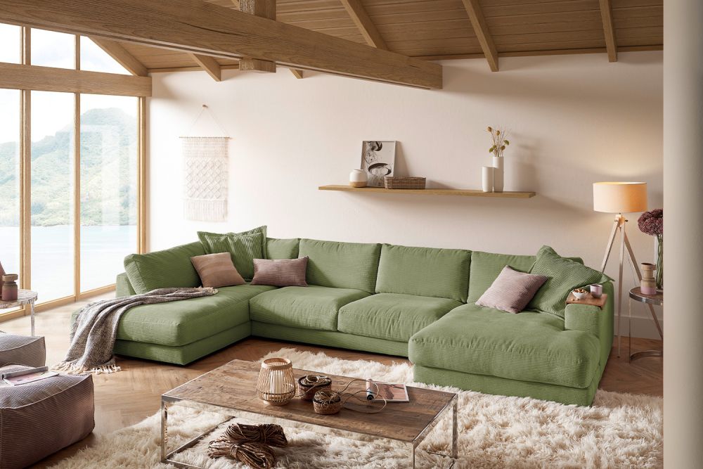KAWOLA Sofá MADELINE en forma de U para salón pana verde oliva