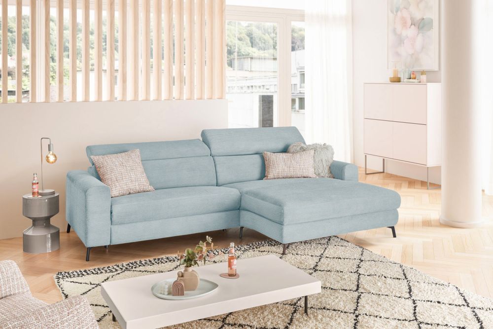 KAWOLA Sofá LAISKA Sofá esquinero función relax semimotorizado pana azul claro
