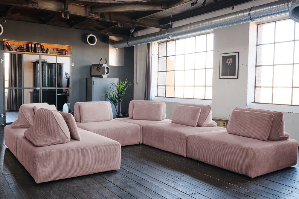 KAWOLA sofá modular WIOLO SOFT 6 módulos 6 cojines de respaldo rosa pana