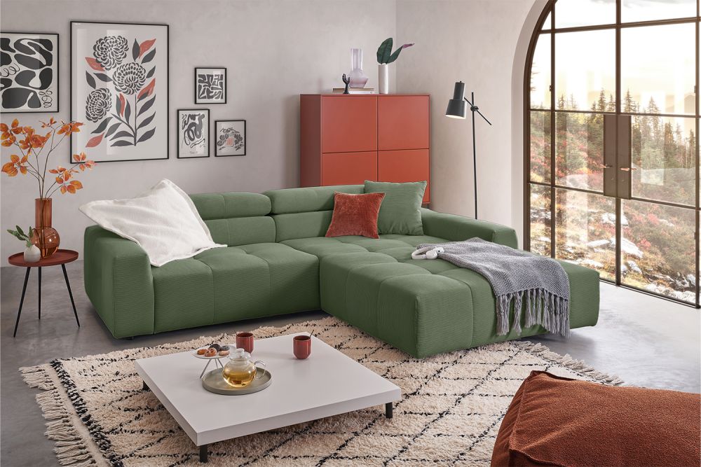 KAWOLA Sofá RENO Sofá esquinero pana fina verde oliva