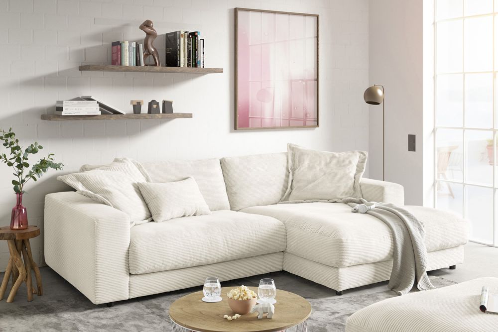 KAWOLA Sofá MADELINE Sofá esquinero con pana Chaise longue crema blanco