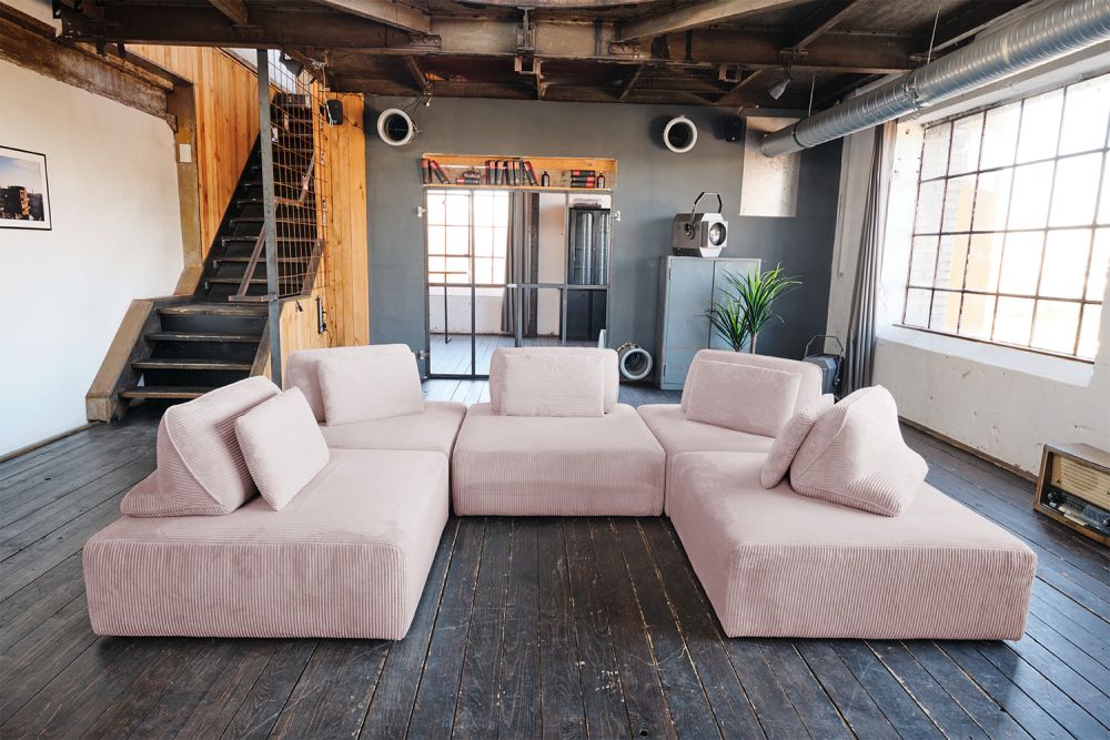 KAWOLA sofá modular WIOLO SOFT 5 módulos 5 cojines de respaldo rosa pana