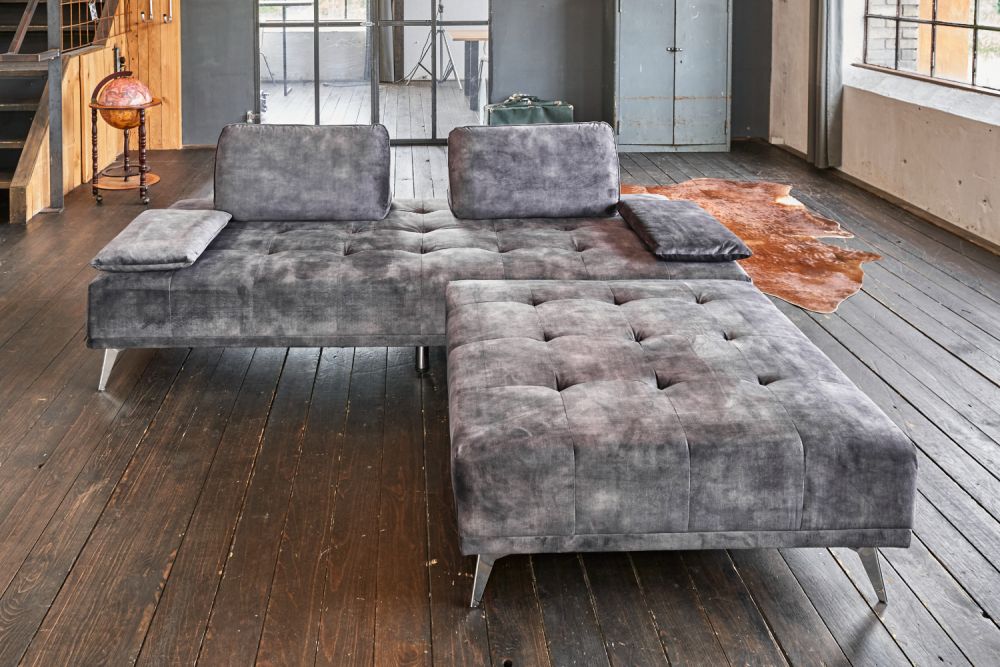 KAWOLA Sofá-cama WIOLO con puf terciopelo antracita