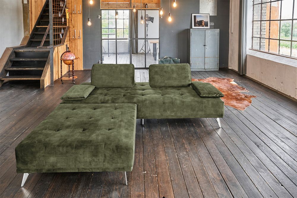 KAWOLA Sofá cama WIOLO con puf terciopelo verde musgo