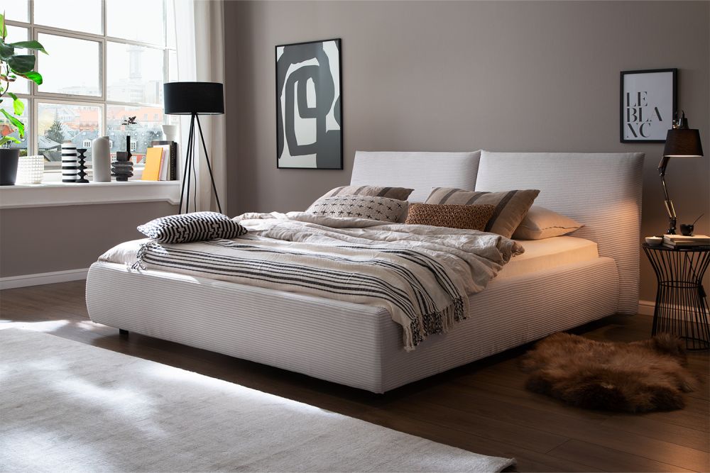 KAWOLA cama HENRY cama tapizada pana crema blanco