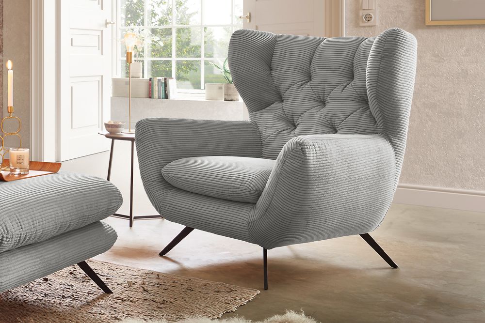 KAWOLA sillón CHARME sillón de respaldo alto pana gris claro
