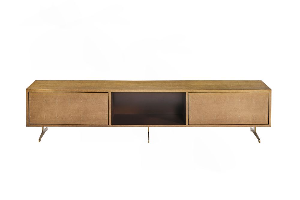 KAWOLA mueble bajo GALA Tablero TV 2 puertas 2 compartimentos imitación cuero pié color oro acero inoxidable cepillado