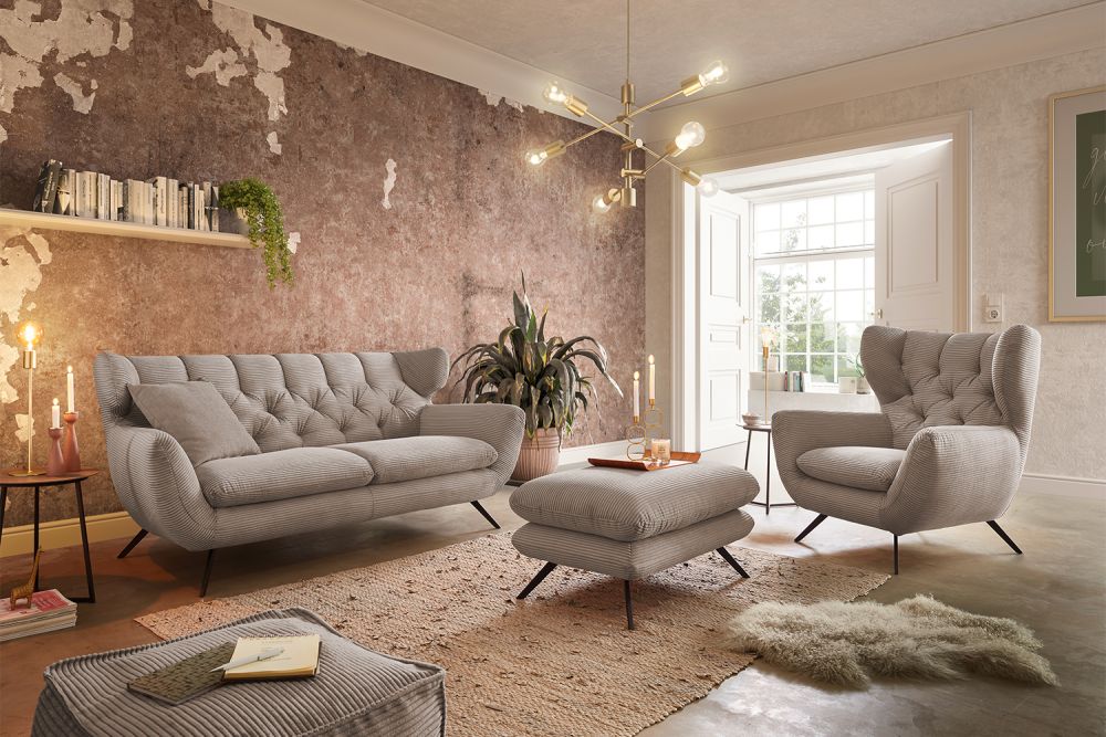 KAWOLA grupo de asientos CHARME sofá sillón taburete banco pana topo