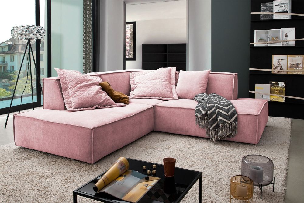 KAWOLA Sofá de esquina SAMU tela rosa
