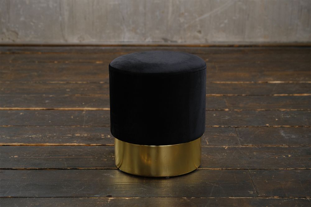KAWOLA taburete LIZA taburete tapizado puf terciopelo negro pié oro