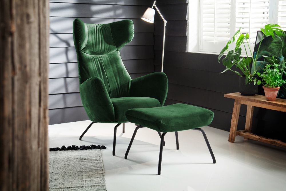 KAWOLA sillón LOTTE sillón de ala terciopelo esmeralda con puf