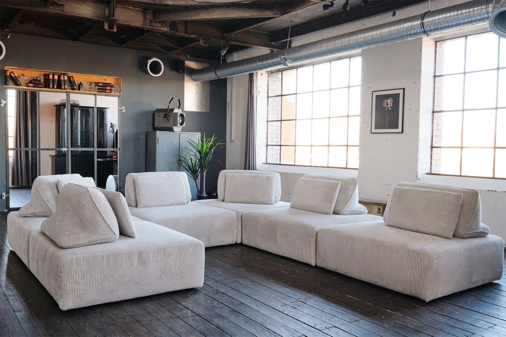 KAWOLA sofá modular WIOLO SOFT 6 módulos 6 cojines de respaldo pana gris claro