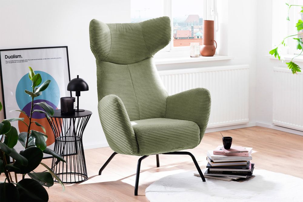 KAWOLA sillón LOTTE sillón orejero pana verde oliva