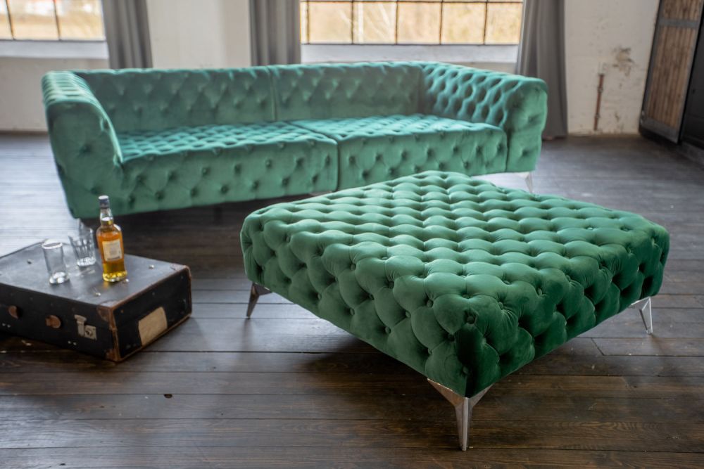KAWOLA puf NARLA Chesterfield Terciopelo verde 110x110cm