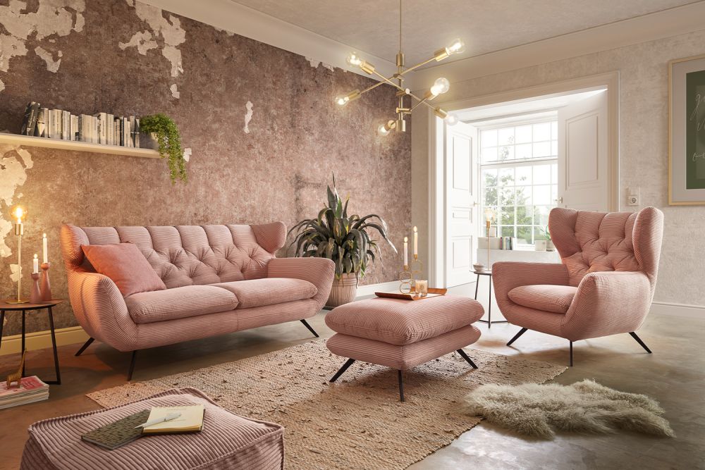 KAWOLA grupo de asientos CHARME sofá sillón taburete banco pana rosa