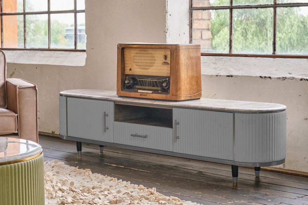 KAWOLA Mueble bajo MARIA Banco para TV tapa de mármol imitación cuero gris