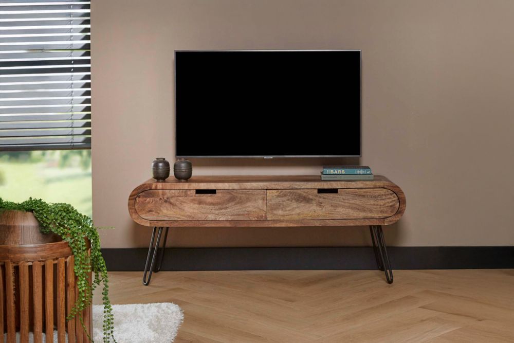 KAWOLA Mueble bajo EVORA Mueble TV color arena mango macizo 2 cajones