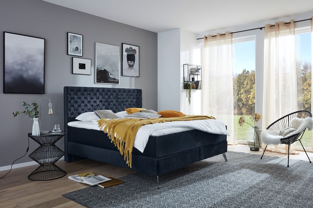 KAWOLA cama SINDAR Boxspring tela azul oscuro