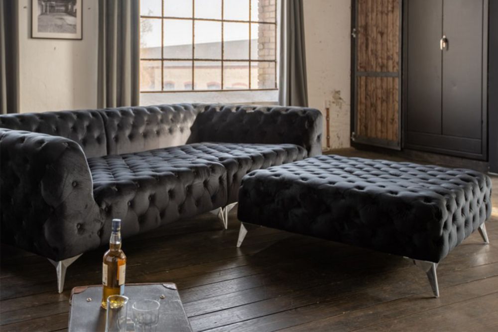 KAWOLA puf NARLA Chesterfield Terciopelo negro 110x110cm