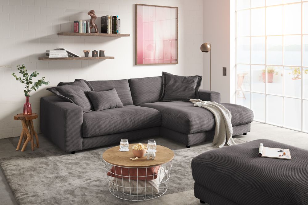 KAWOLA Sofá MADELINE Sofá esquinero con Chaise longue Gris pana