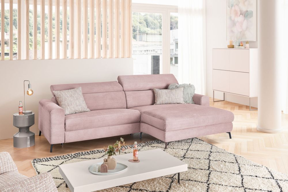 KAWOLA Sofá de esquina LAISKA función relax semi-motorizado pana rosa