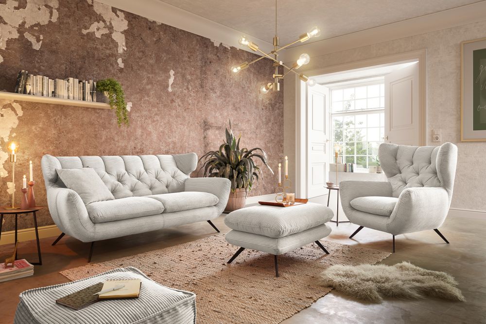 KAWOLA grupo de asientos CHARME sofá sillón taburete pana crema blanco