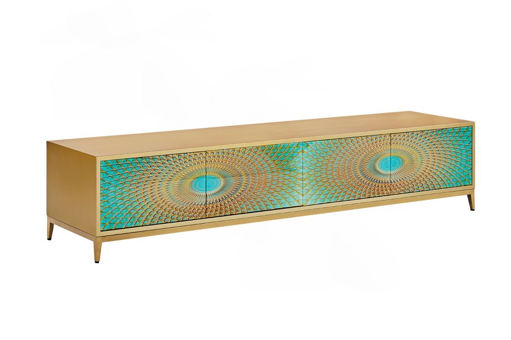 KAWOLA Mueble bajo LAGO Mueble TV 4 puertas cristal verde pié acero inoxidable color oro