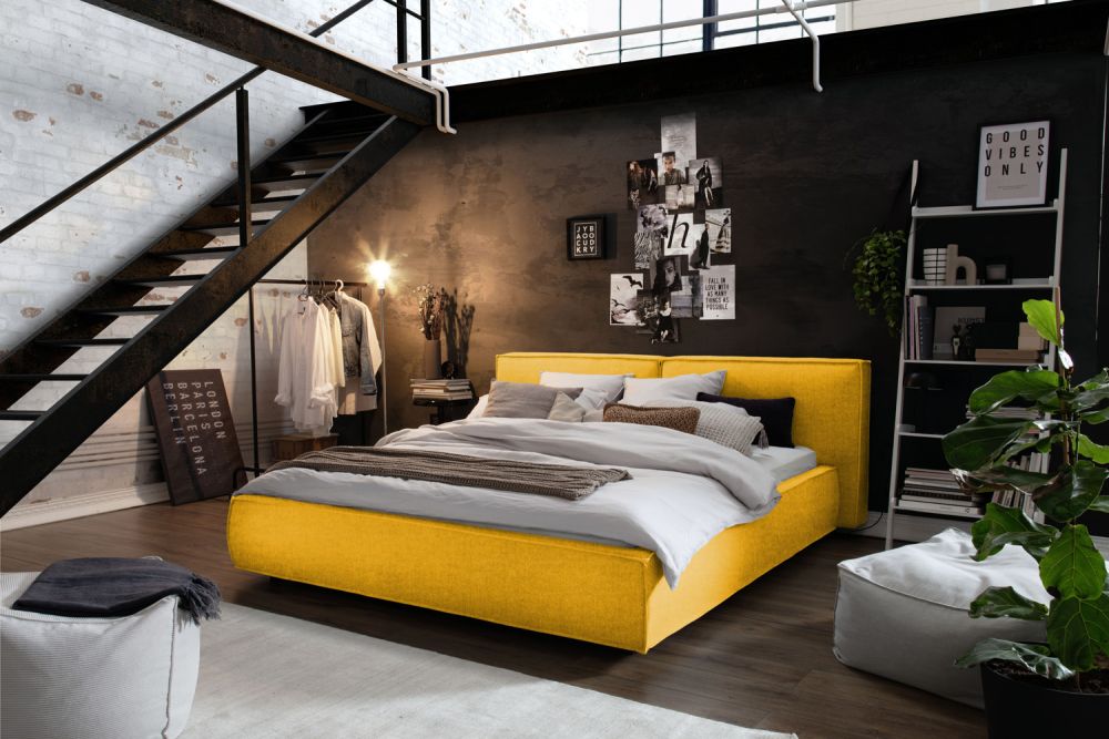 KAWOLA cama CARLO cama tapizada tela curry