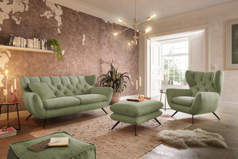KAWOLA grupo de asientos CHARME sofá sillón taburete banco pana verde oliva