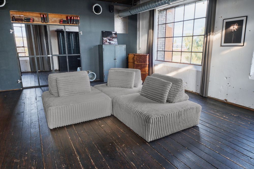 KAWOLA sofá modular WIOLO SOFT 3 módulos 3 cojines de respaldo Suave pana ancha gris