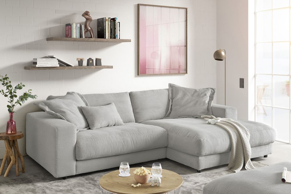 KAWOLA Sofá MADELINE Sofá esquinero con Chaise longue pana gris piedra