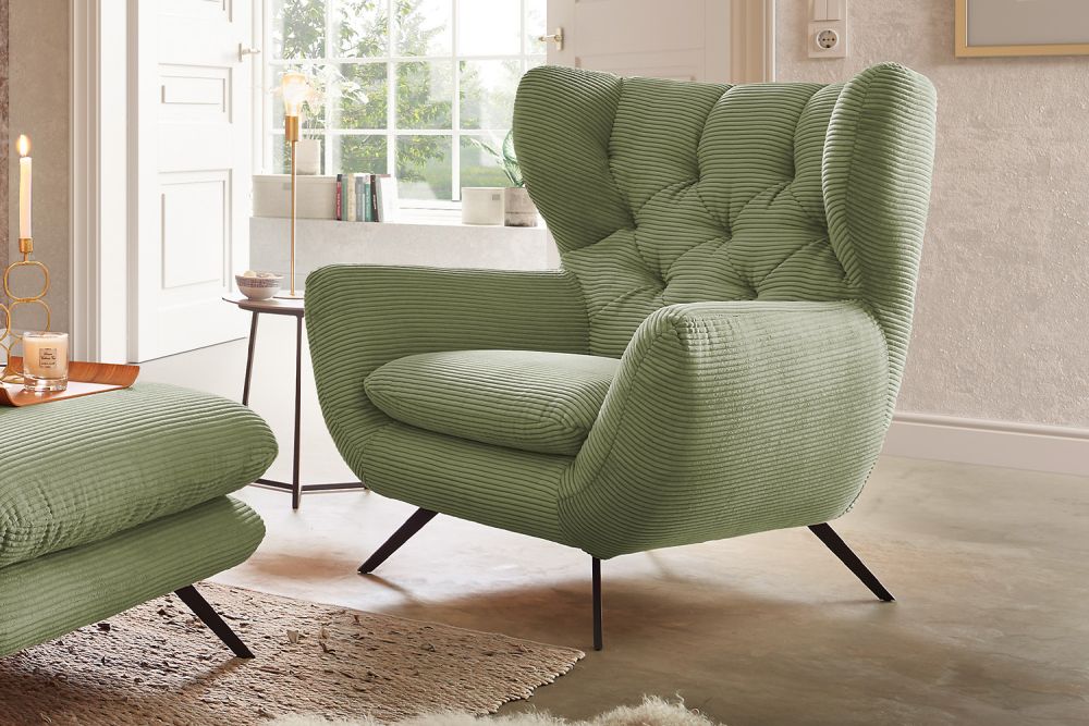 KAWOLA sillón CHARME sillón de respaldo alto pana verde oliva