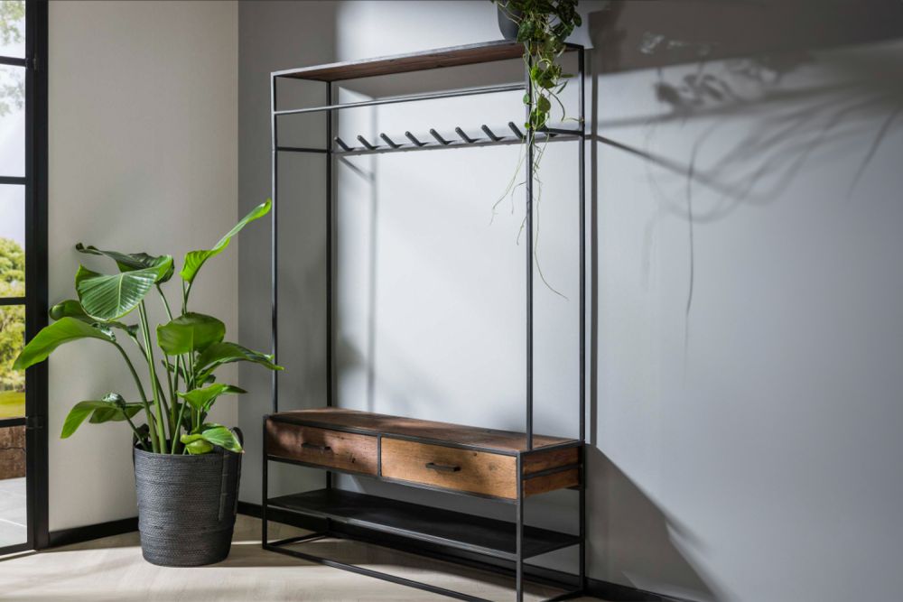 KAWOLA perchero TENBY madera dura metal negro 2 cajones 1 estante